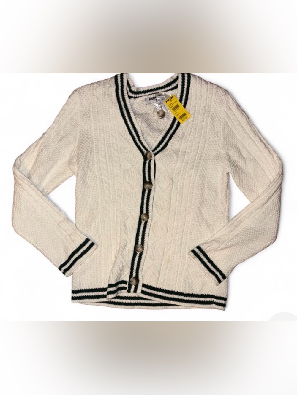 RSQ Cream Cable-Knit Cardigan with Green Stripe Trim